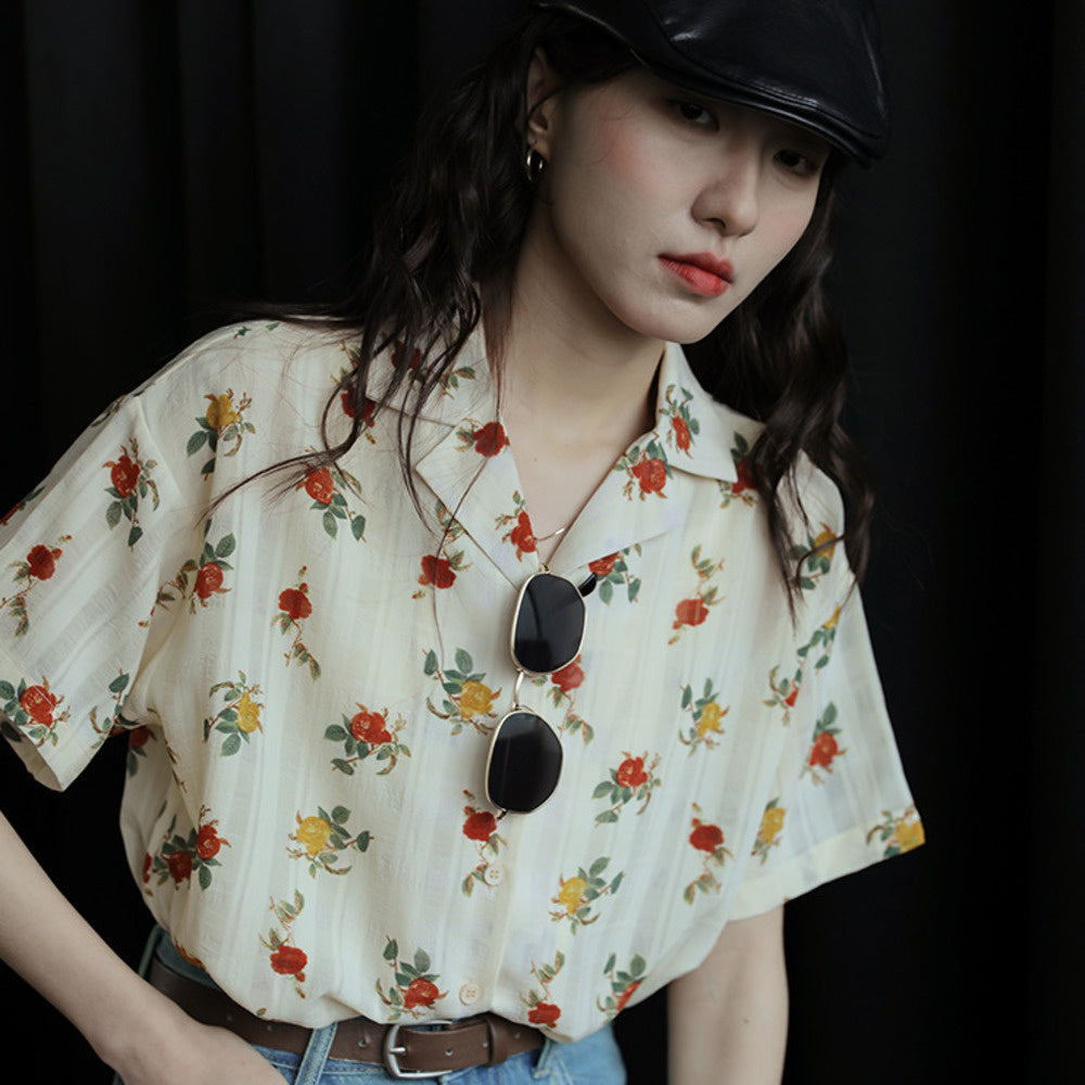 玫瑰花氣質翻領簡約復古港風設計感短袖襯衫女夏季顯瘦上衣