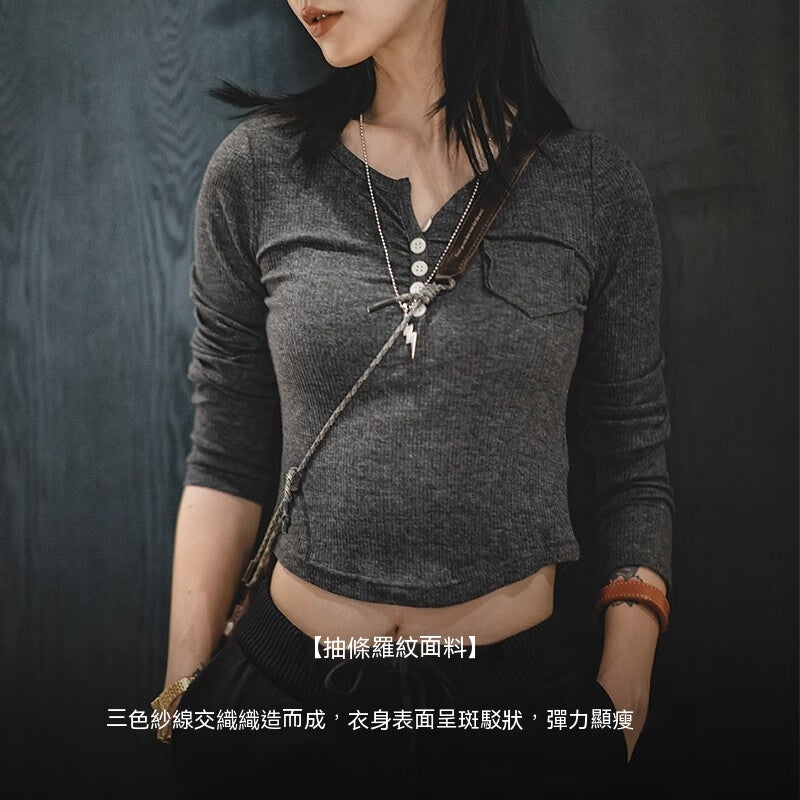 馬登女裝 美式復古bm針織長袖T恤圓弧下擺修身顯瘦短款打底亨利衫