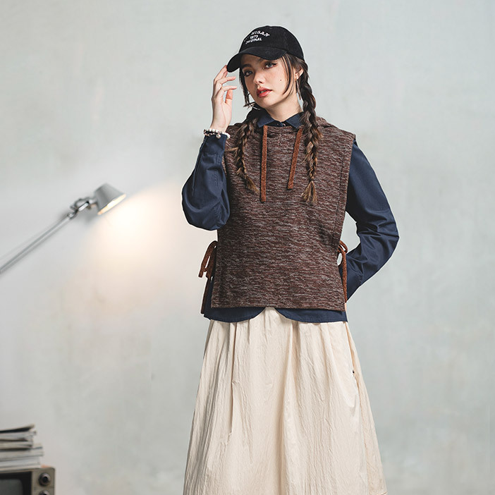 馬登女裝 連帽針織馬甲背心休閒百搭疊穿毛衣慵懶風無袖帽衫上衣秋