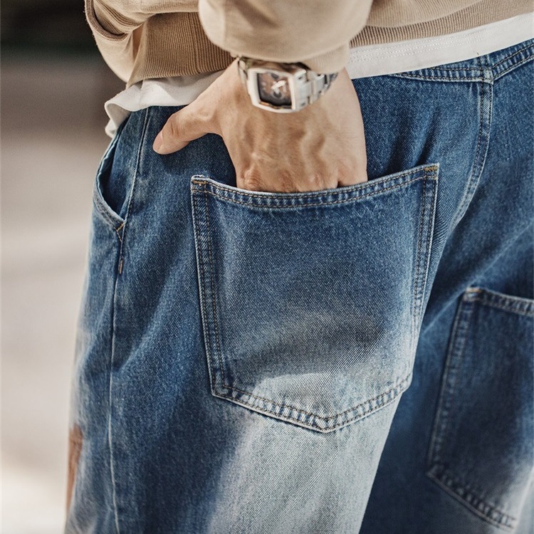 馬登工裝 美式復古磨白PW破壞牛仔褲vibe破洞水洗丹寧寬鬆直筒褲