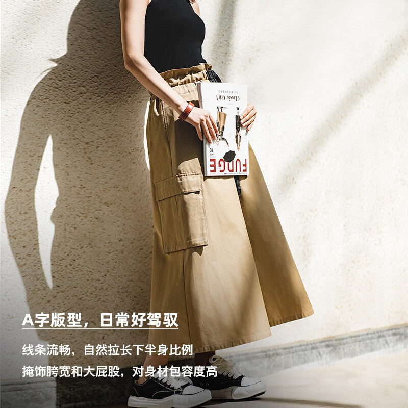 馬登女裝 復古半身長裙高腰顯瘦A字裙百搭口袋工裝傘裙