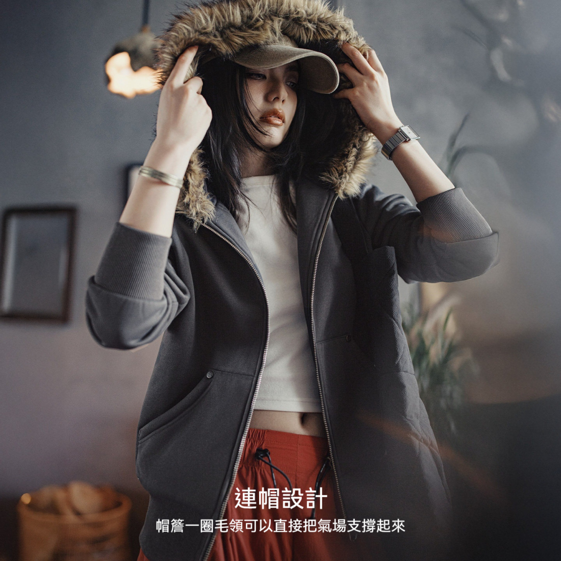 馬登女裝 美式灰色搖粒絨保暖毛領拉鍊開衫連帽加厚衛衣外套上衣秋冬