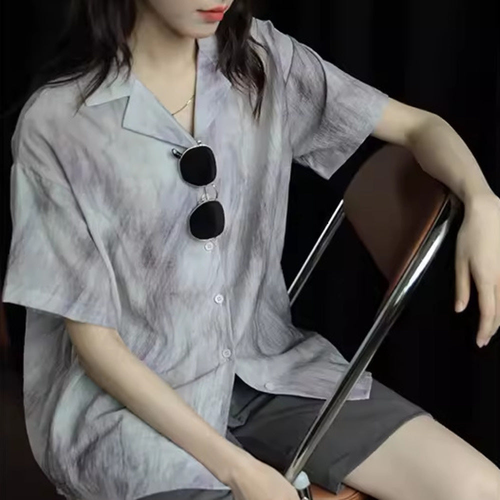 素描氣質襯衣簡約復古設計感短袖襯衫女夏季印花時尚上衣