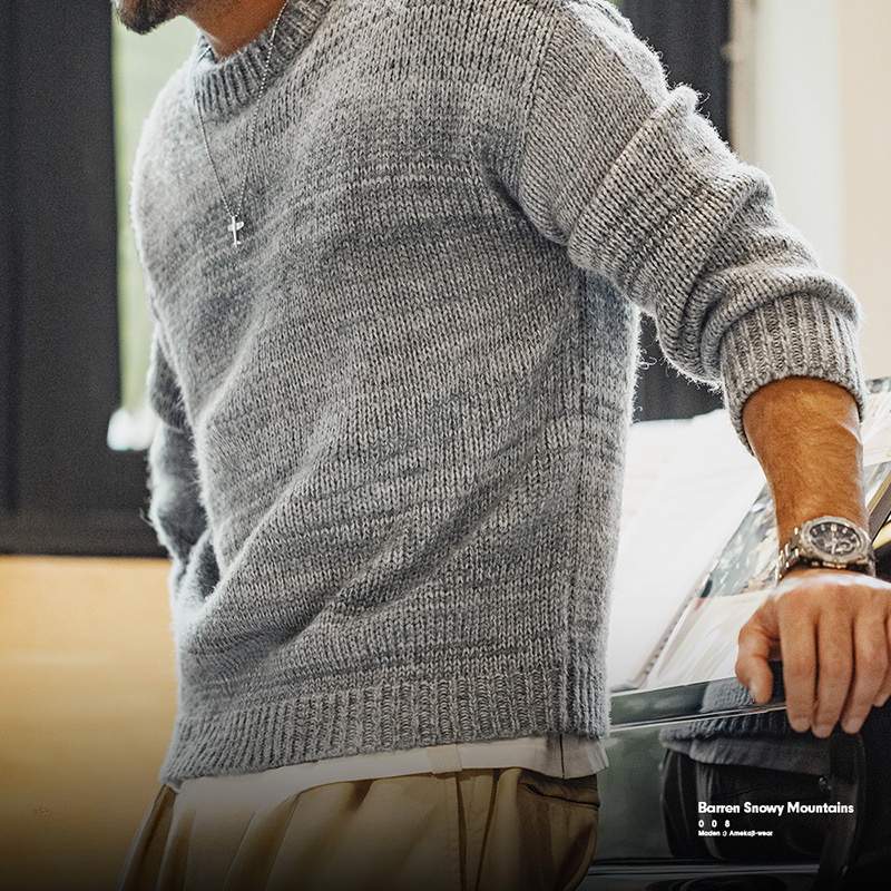 馬登工裝 美式復古漸層條紋毛衣美拉德套頭圓領混紡針織衫