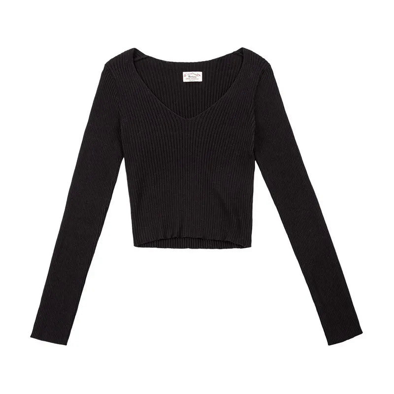 馬登女裝 美式復古針織衫純棉內搭外穿V領短款打底衫修身上衣