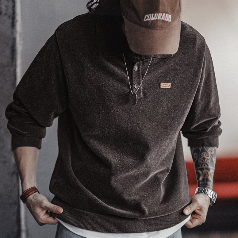 馬登工裝 美式復古雪尼爾半開襟polo衫寬鬆翻領套頭長袖衛衣男秋季