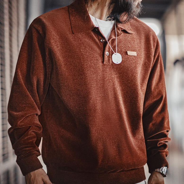 馬登工裝 美式復古雪尼爾半開襟polo衫寬鬆翻領套頭長袖衛衣男秋季