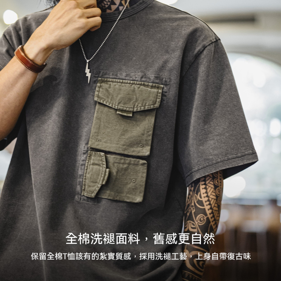 馬登工裝 美式復古灰色圓領套頭口袋T恤vintage做舊純棉短袖衫男夏