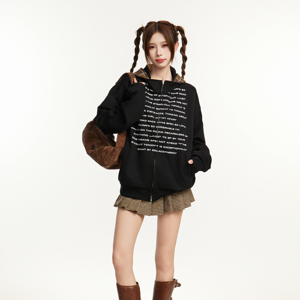 美式復古黑色拉鍊連帽衛衣外套秋冬寬鬆情侶套頭格子帽衫