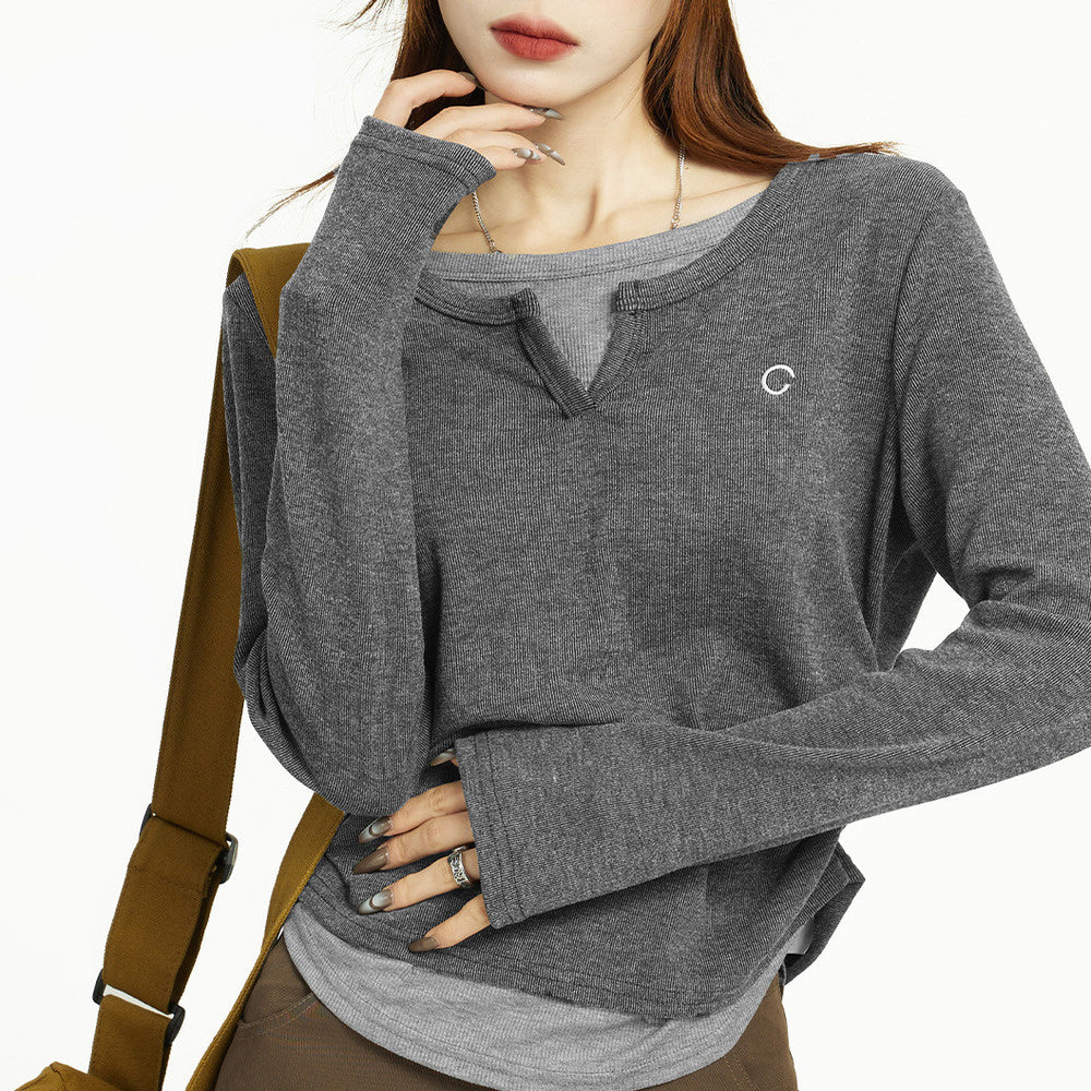 V領假兩件長袖T恤女春秋設計感小眾修身正肩打底衫上衣