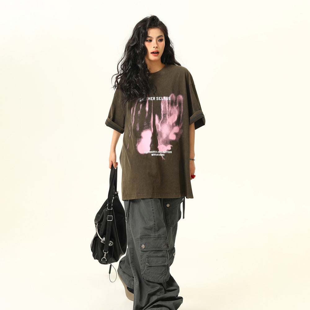 美式復古設計感印花水洗短袖T恤寬鬆情侶上衣潮