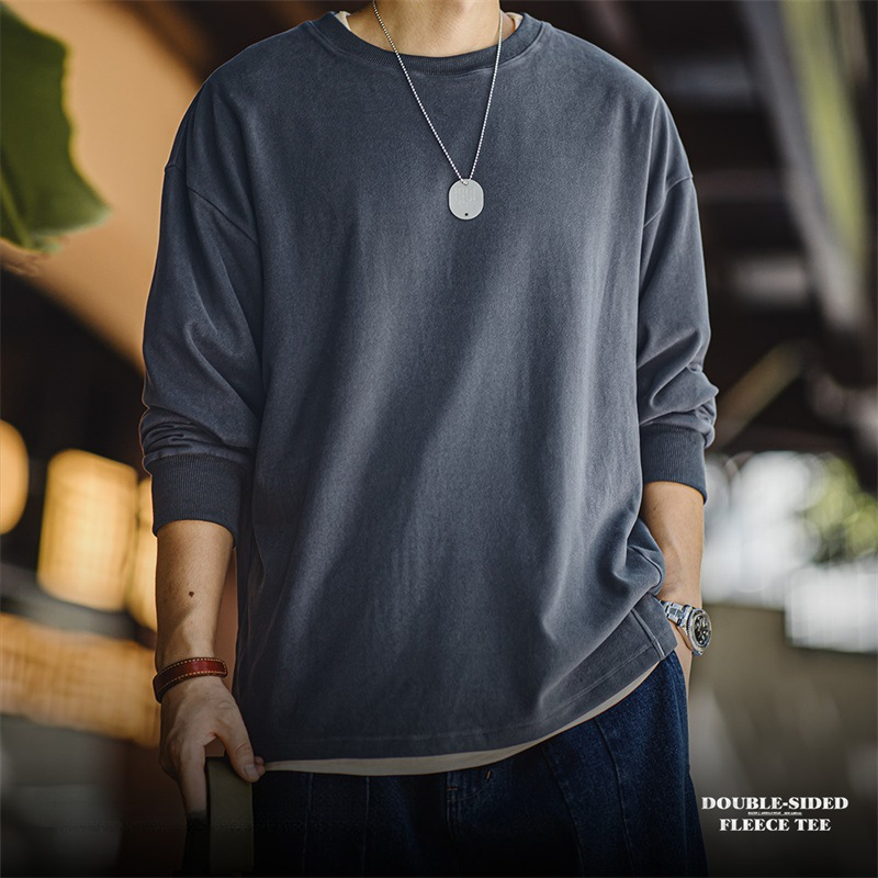 馬登工裝 美式雙面磨毛仿德絨長袖T恤基礎款寬鬆圓領保暖上衣男秋