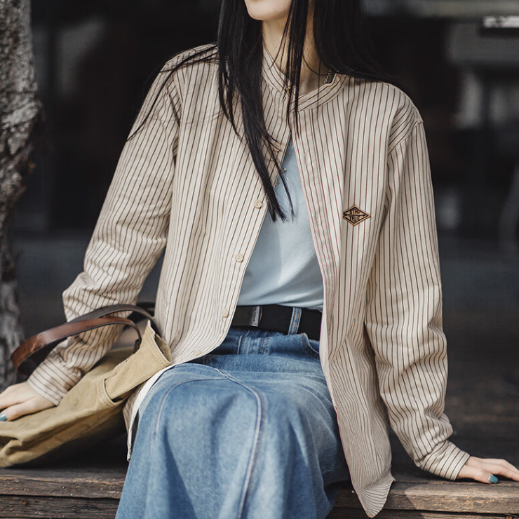 馬登女裝 法式復古細條紋長袖襯衫寬鬆設計感棒球襯衫外套