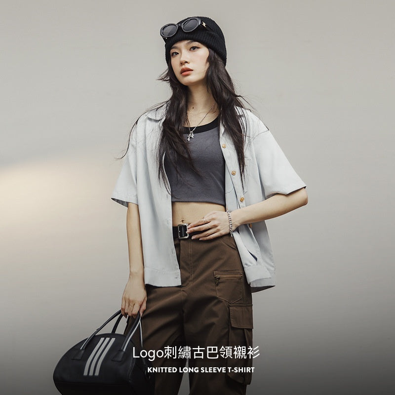 馬登女裝 刺繡古巴領襯衣寬鬆設計感短袖小眾休閒上衣內搭疊穿襯衫