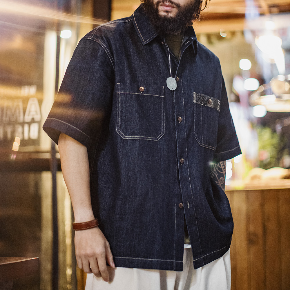 馬登工裝 美式復古Boro丹寧回潮牛仔襯衣日系藍染翻領襯衫外套