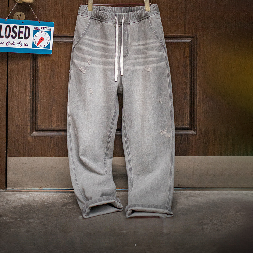 馬登工裝 美式復古水洗做舊格雷系灰牛仔褲破洞猫須伐木直筒褲男春