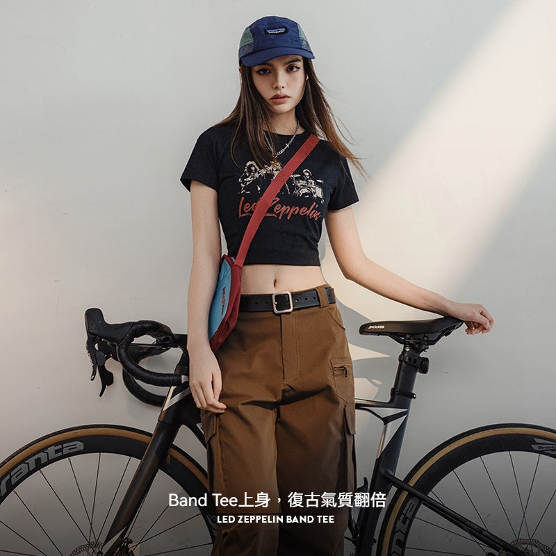 馬登女裝 美式復古圓領印花短袖修身正肩T恤辣妹短款休閒百搭上衣夏