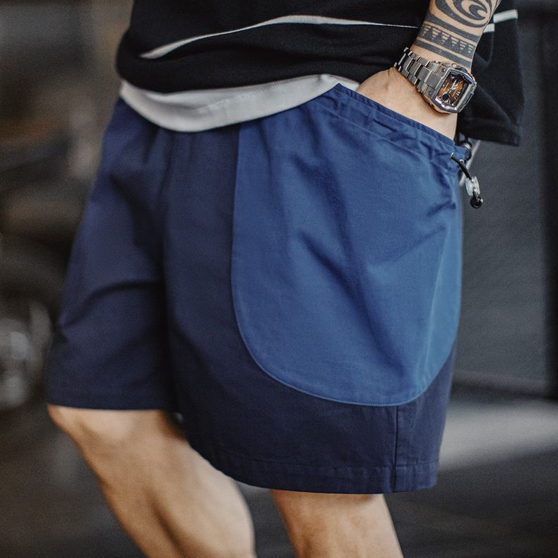 馬登工裝 美式拼接短褲日系藏青色短褲純棉少年感廓形五分褲夏季