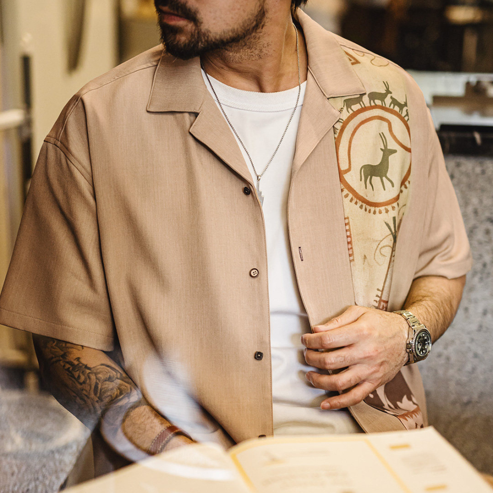 馬登工裝 美式復古印花古巴領襯衫印第安薄款短袖棉襯衣外套男士夏