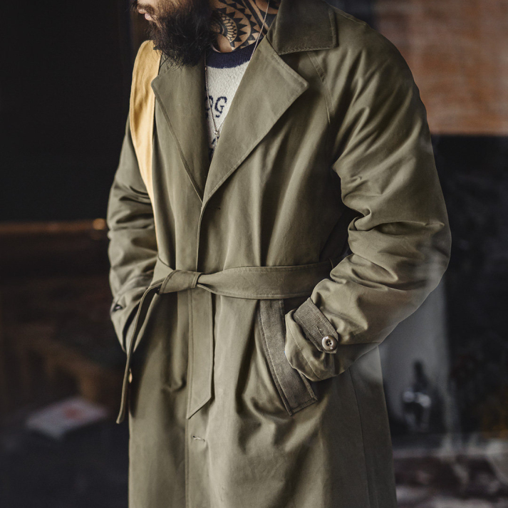 馬登工裝 美式復古戰壕風衣軍綠色中長款翻領純棉大衣外套春秋