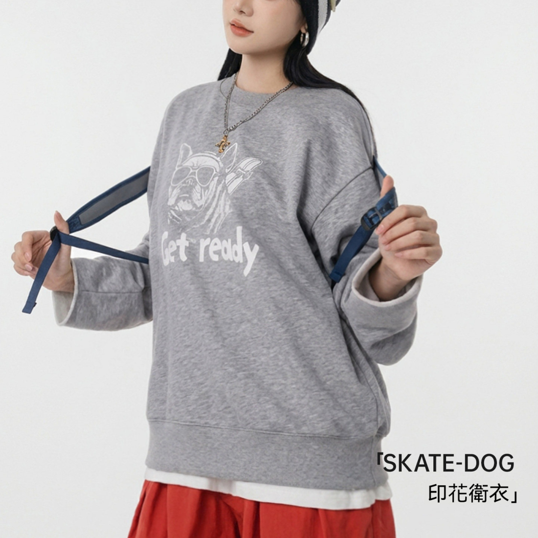 馬登女裝 美式復古灰色重磅套頭寬鬆印花衛衣長袖T恤上衣春秋