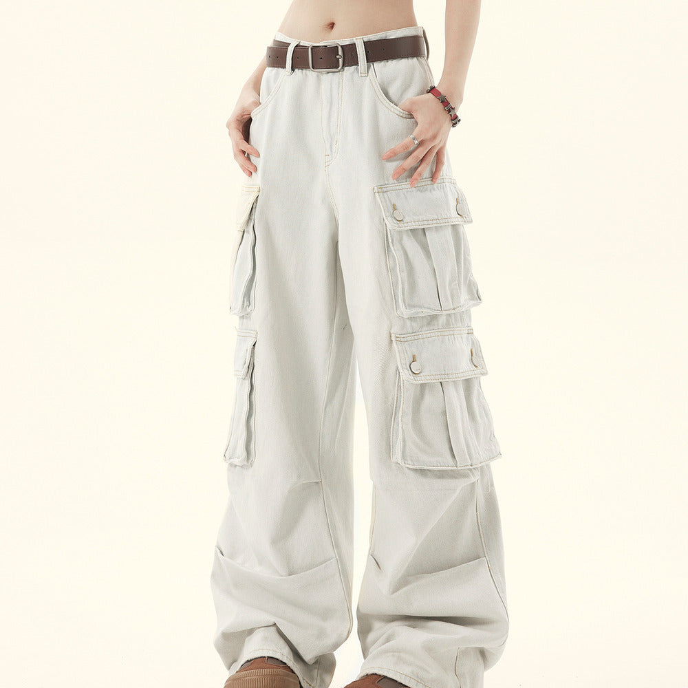 美式復古多口袋水洗直筒工裝牛仔褲女街頭褶皺設計闊腿休閒褲