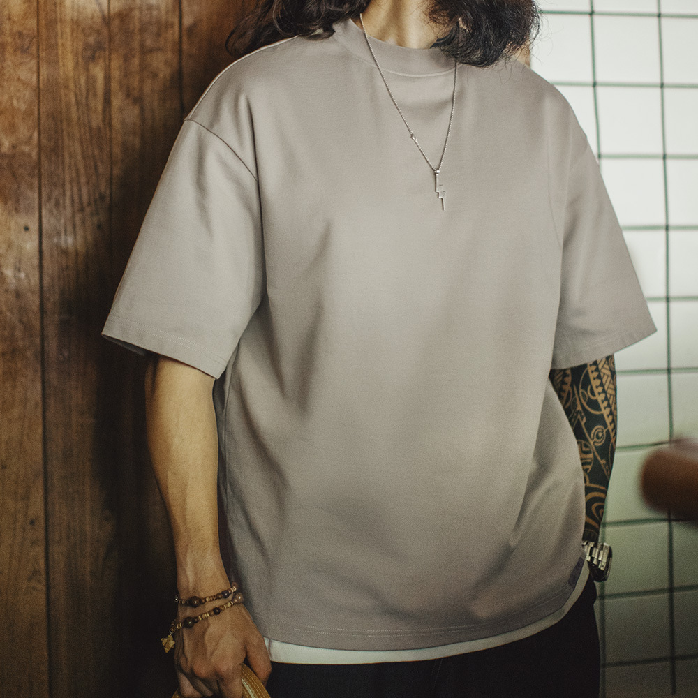 馬登工裝 美式半高小領口落肩短袖老錢風重磅寬鬆半袖T恤男春夏