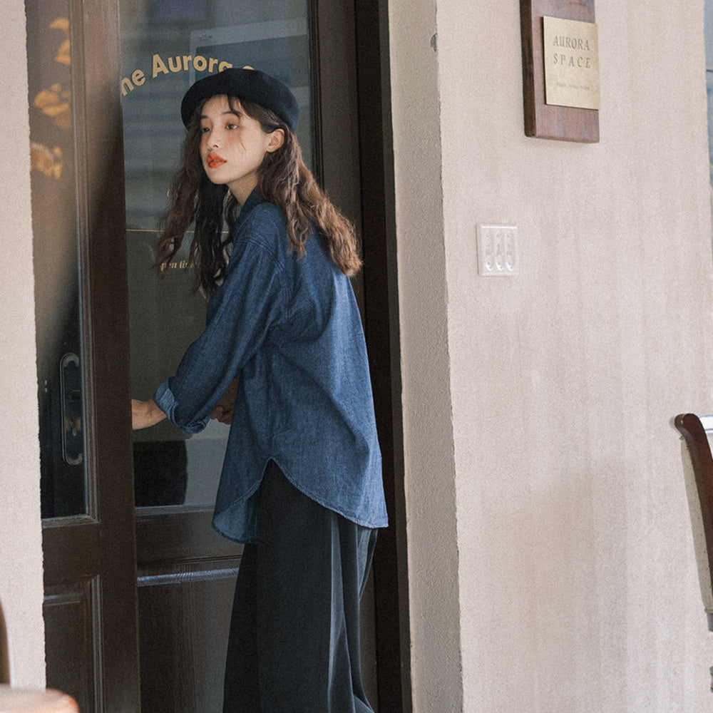 復古牛仔襯衫女薄外套開衫小眾設計感疊穿上衣長袖襯衣
