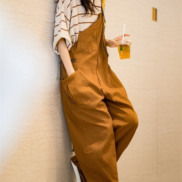 馬登女裝 美式復古减齡寬鬆背帶褲大口袋直筒吊帶連體工裝長褲