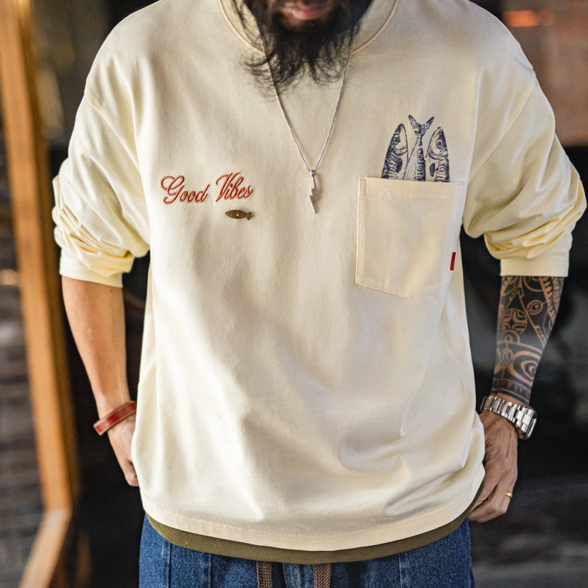 馬登工裝 美式印花口袋長袖T恤純全棉舒適圓領打底內搭體恤男款春