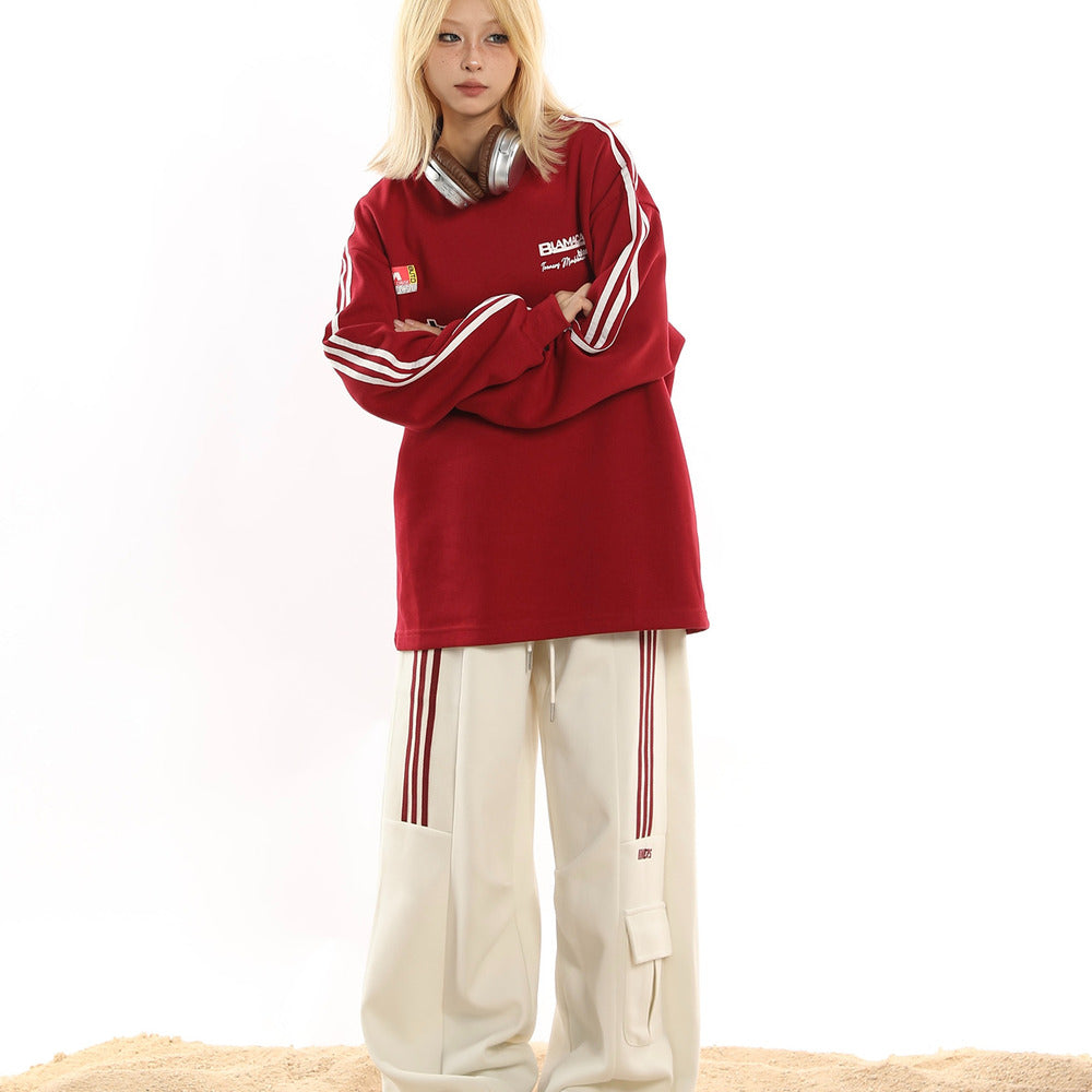 美式休閒運動衛褲女潮牌復古三條杠hiphop垂感闊腿工裝褲