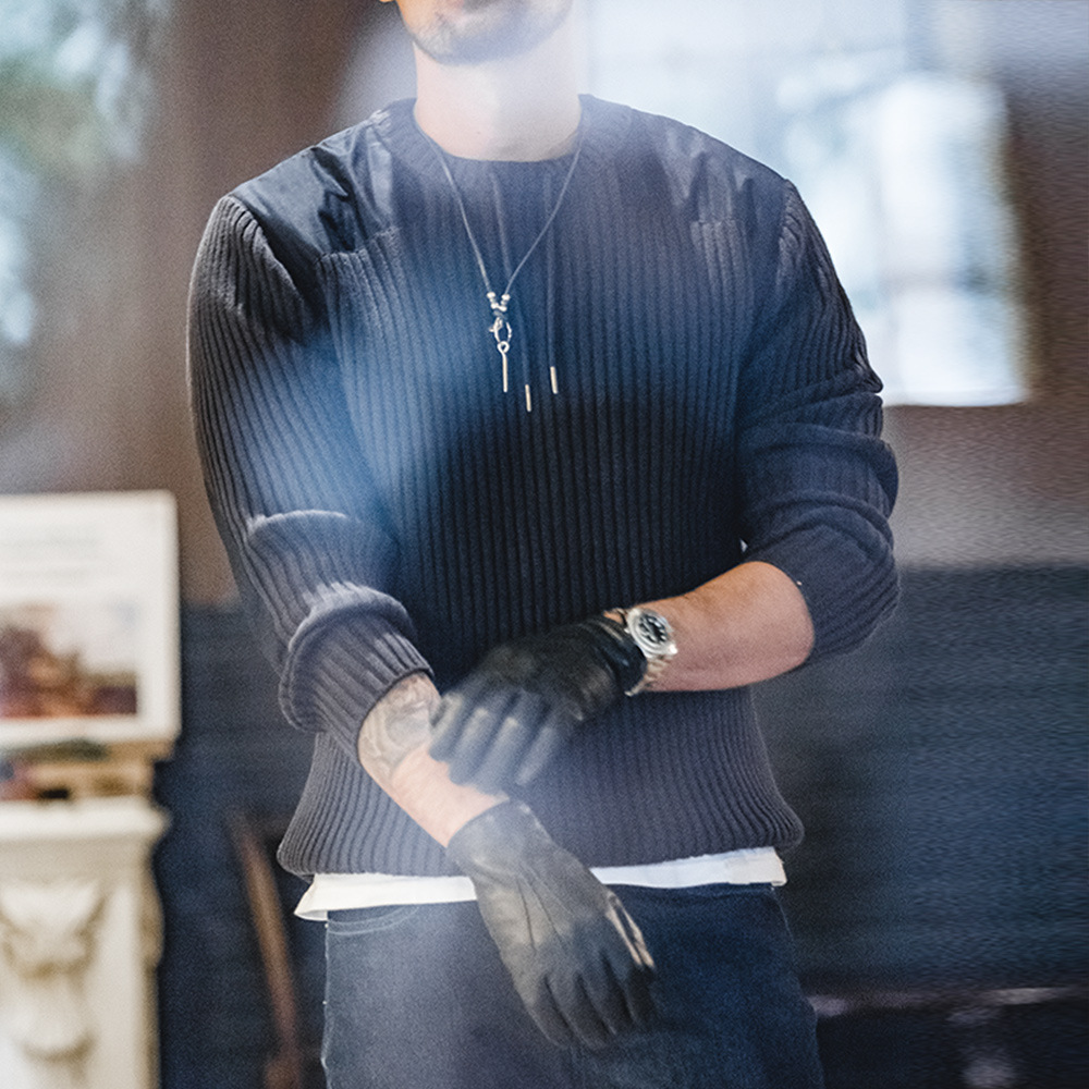 馬登工裝 美式復古條紋拼接毛衣圓領修身硬漢風戰術針織衫