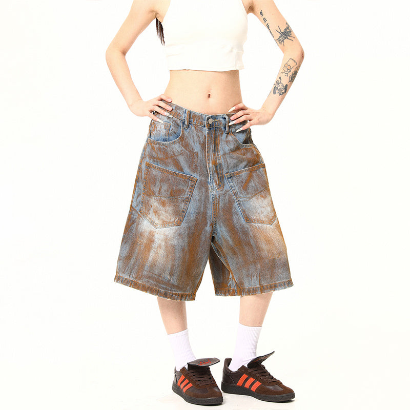 美式復古高街髒染廢土風口袋設計感牛仔短褲寬鬆七分褲