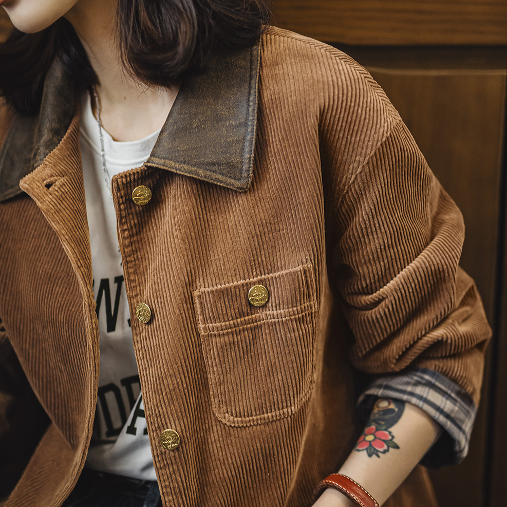 馬登女裝 復古美拉德撞色燈芯條絨麂皮翻領工裝獵裝夾克外套上衣女秋冬