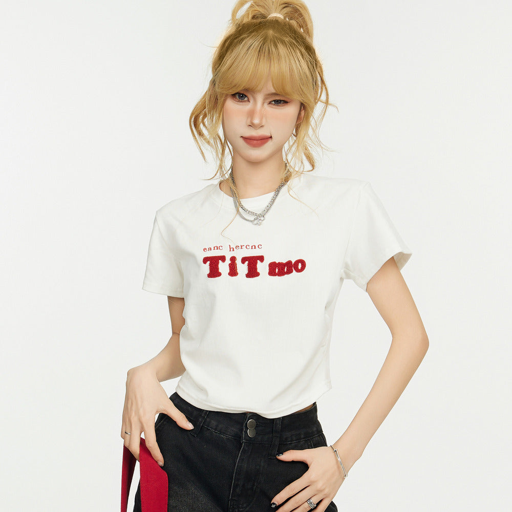 美式白色短袖刺繡T恤女夏季正肩設計感小眾修身短款上衣