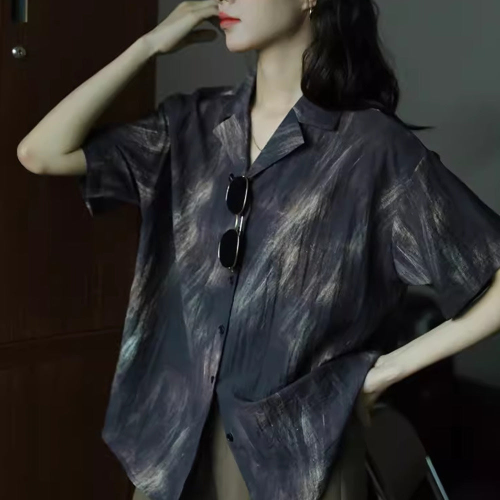 素描氣質襯衣簡約復古設計感短袖襯衫女夏季印花時尚上衣