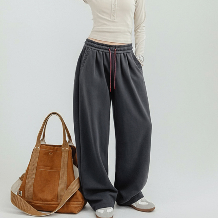 馬登女裝 灰色針織闊腿直筒垂感抽繩衛褲寬鬆休閒香蕉長褲子秋冬