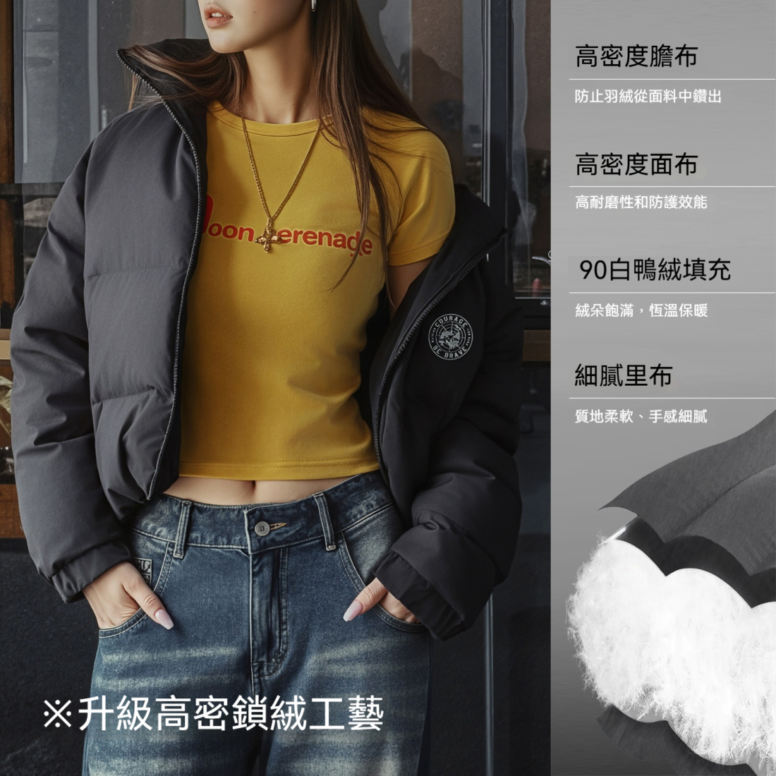 馬登女裝 黑色90白鴨防鑽絨高立翻領短款加厚保暖麵包羽絨服外套冬季