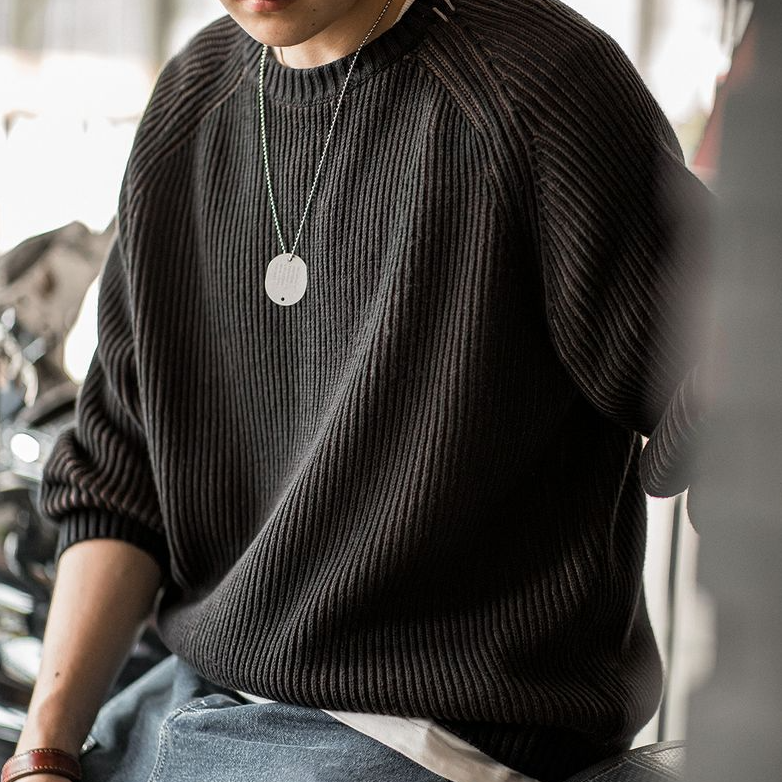 馬登工裝 美式復古豎條紋編織毛衣圓領加厚打底針織衫男秋冬