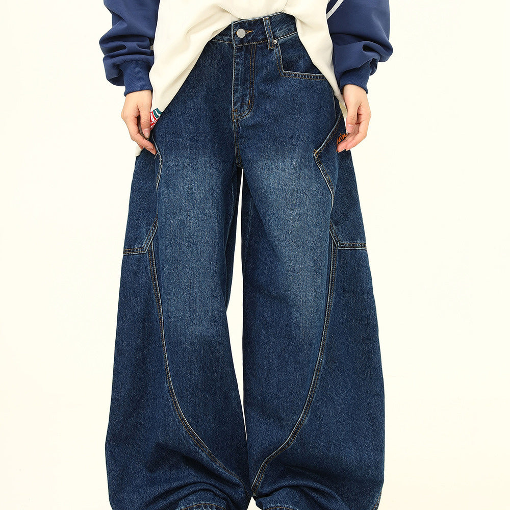 小眾設計感大口袋彎刀牛仔褲美式街頭潮牌辣妹拖地褲子