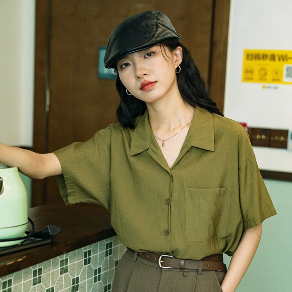港風復古簡約風綠色設計感短袖襯衫寬鬆上衣顯瘦口袋襯衣女