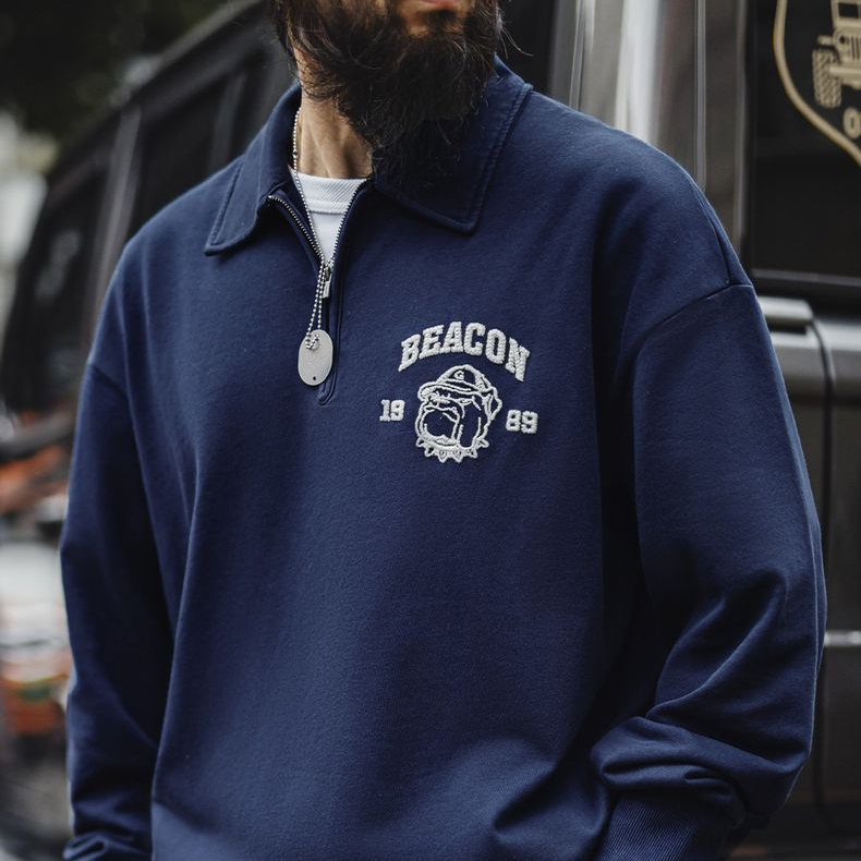 馬登工裝 美式復古立體刺繡半開襟衛衣休閒翻領套頭Polo衫上衣男春秋