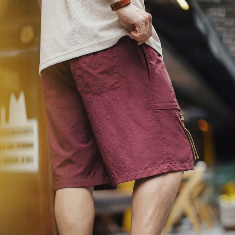 馬登工裝 美式橫須賀刺繡短褲寬鬆紅色沙灘薄款五分褲夏季