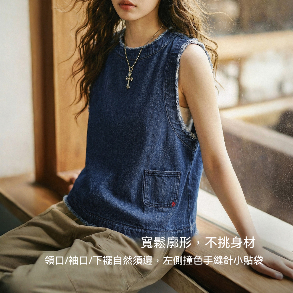 馬登女裝 日系復古寬鬆外穿牛仔馬甲無袖坎肩背心上衣女士春夏