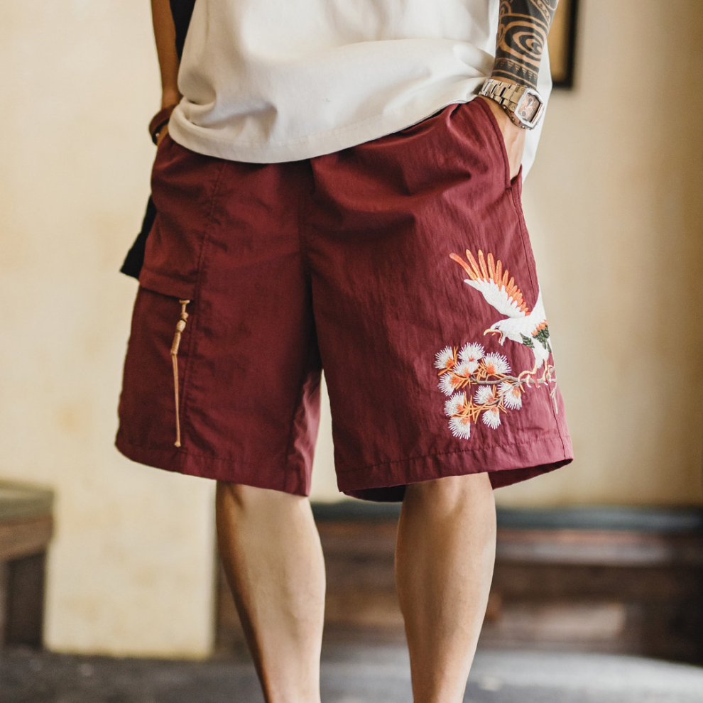 馬登工裝 美式橫須賀刺繡短褲寬鬆紅色沙灘薄款五分褲夏季