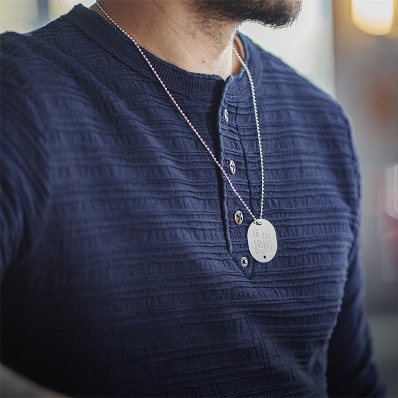 馬登工裝 美式復古提花針織牛仔亨利衫Vintage硬漢修身長袖T恤男秋