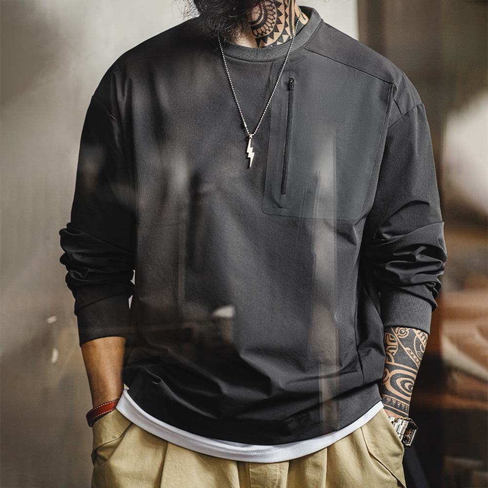 馬登工裝 美式復古戶外機能風運動長袖圓領梭織落肩袖寬鬆衛衣男春