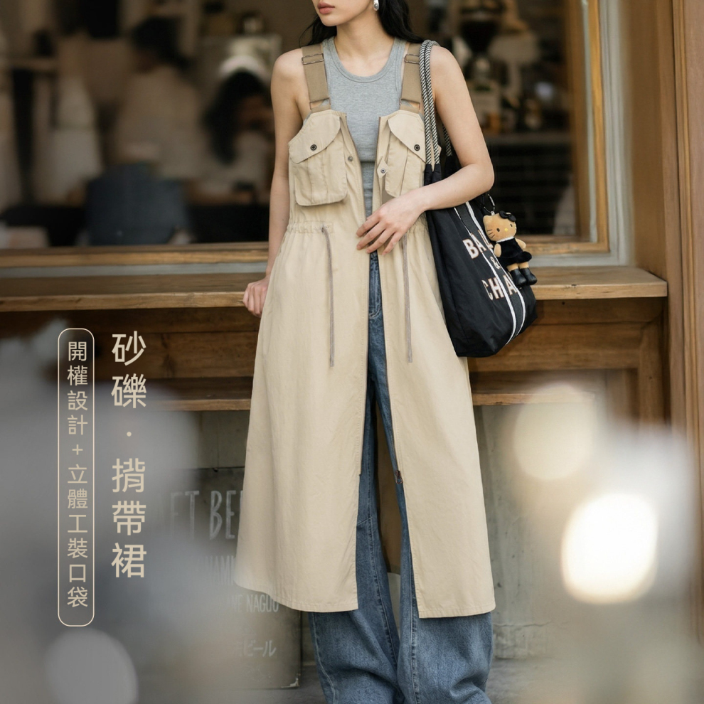 馬登女裝 輕薄長款透氣寬鬆工裝背帶裙收腰A字開叉連衣身裙子外套女夏