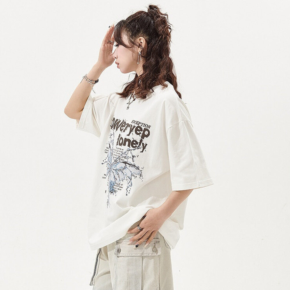 蝴蝶印花短袖T恤女復古潮牌寬鬆情侶裝上衣