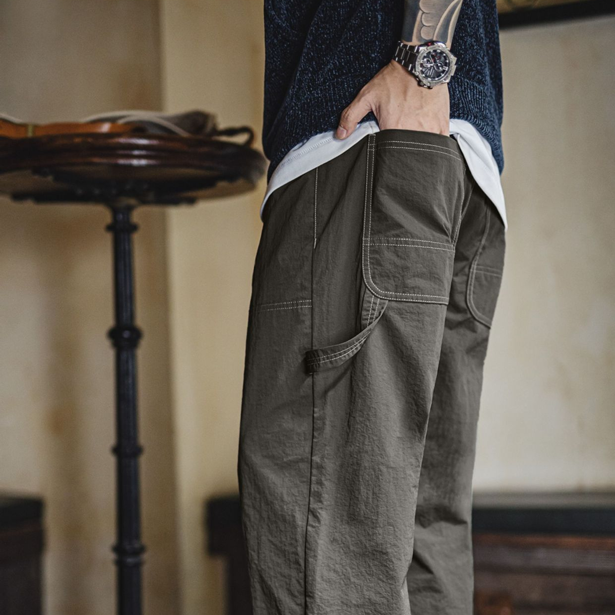 馬登工裝 輕美式休閒雙膝伐木褲肌理感垂感軍綠色長褲子男